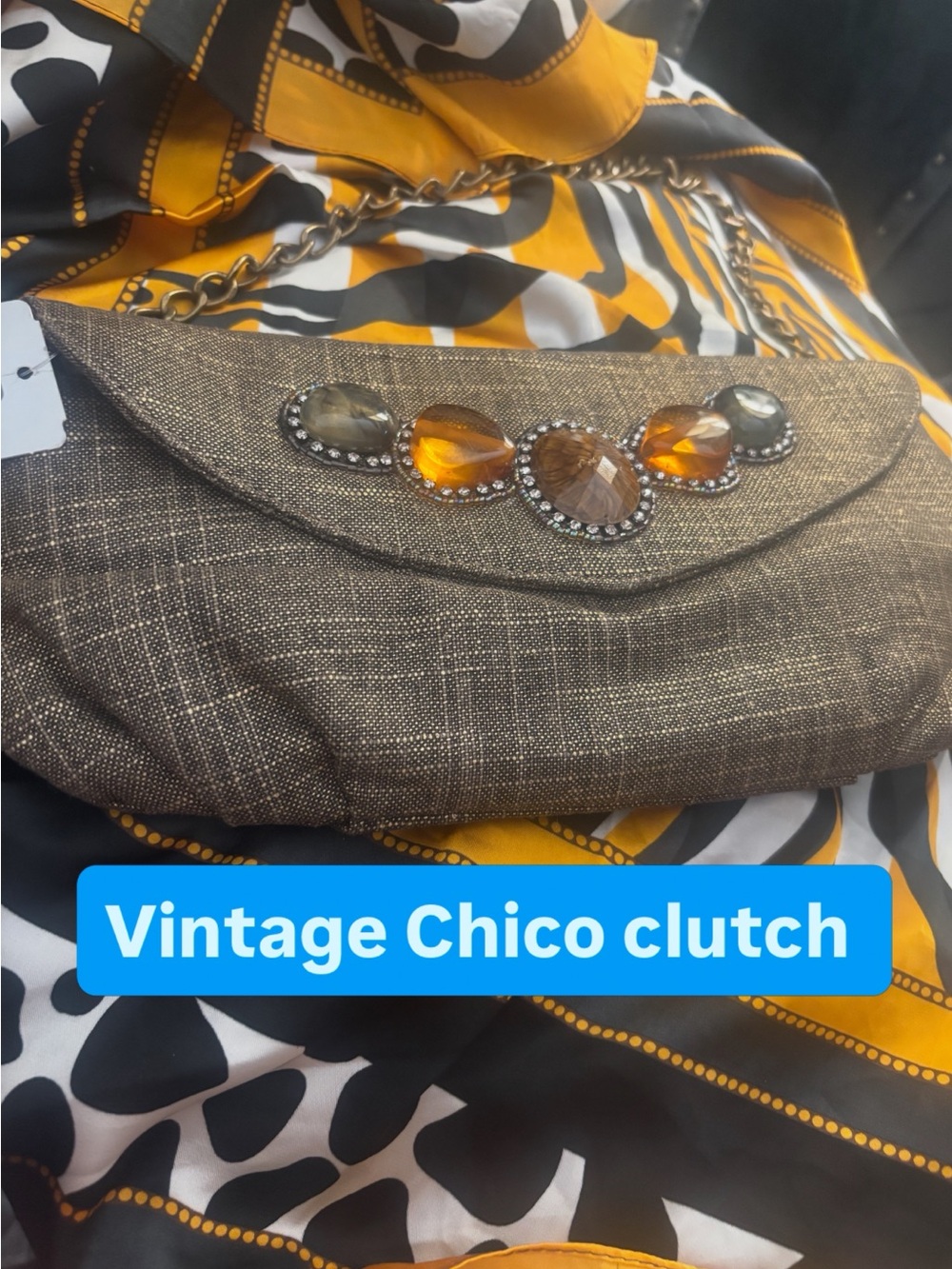 Chico's Brown Linen Clutch with Amber and Smoky Gems